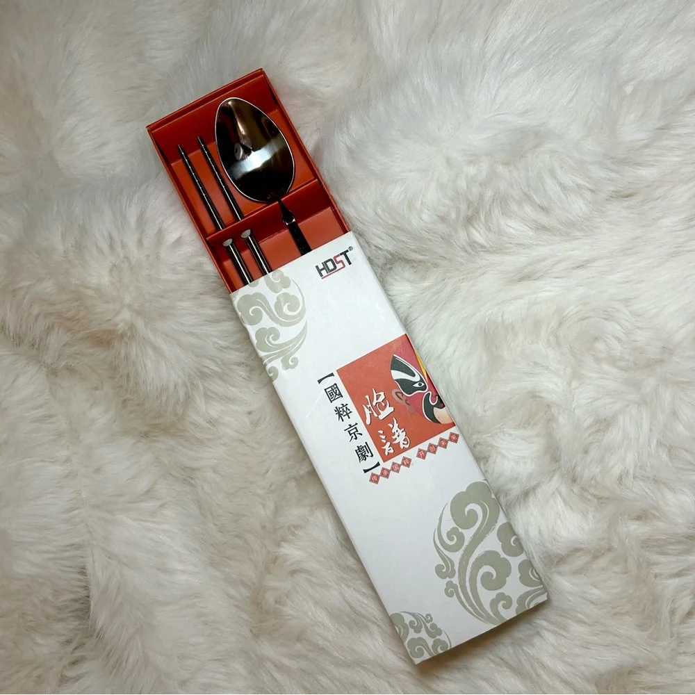 NWOT Chinese Beijing Opera Mask Silver Spoon & Chopsticks Utensil Set Gift Box
